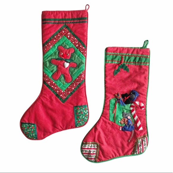Vintage Handmade Christmas Stockings 3-D Toy Appliqué and Embroidery - Picture 1 of 8